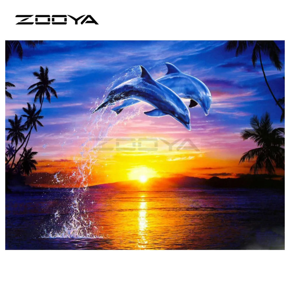 ZOOYA 5D DIY алмазная вышивка пейзаж заката пара дельфинов картина крестом квадратная