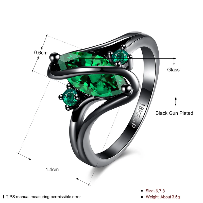 Женское кольцо с зеленым кубическим цирконием черным пистолетом размер 6 7 8 R2017 2021