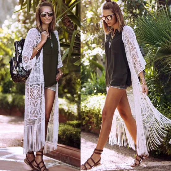 Ailunsnika 2018 Women Fashion Summer Holiday White Half Sleeve Hollow Out Crochet Tassel Cardigan Beachwear Lace MX530 | Женская одежда