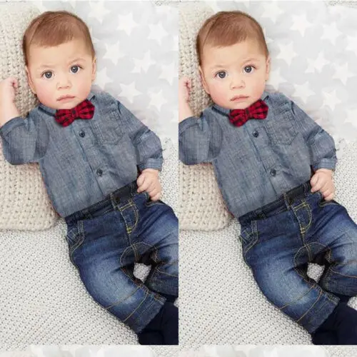 

CANIS Brand Autumn Baby Boys Gentleman Suit 2pc Long Sleeve Bowknot Lovely Tops+Denim Pants Jeans Kids Clothes Set