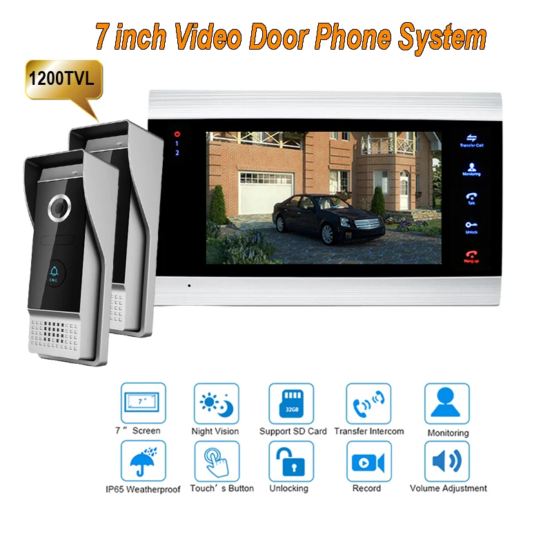 Nieuwe 7 inch 1200TVL Video Intercom Systeem Deurtelefoon Deurbel Met IP65 groothoek 110 graden Camera Deurintercom 2v1