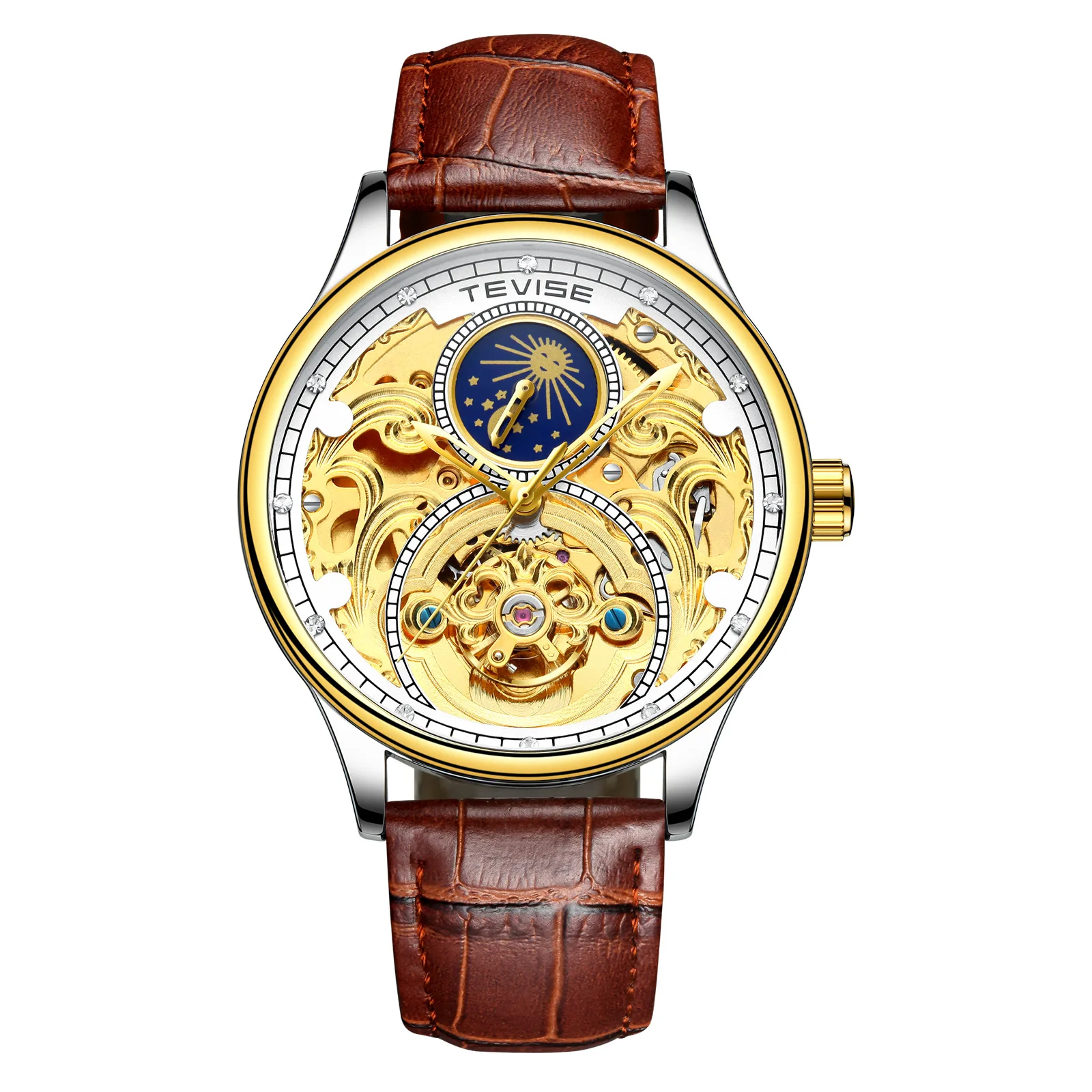 tevise gold whtie Tevise, автоматические часы для мужчин, механические часы, полый скелет, с автоматическим заводом, мужские роскошные Брендовые спортивные наручные часы, Relogio Masculino - Цвет: tevise gold whtie