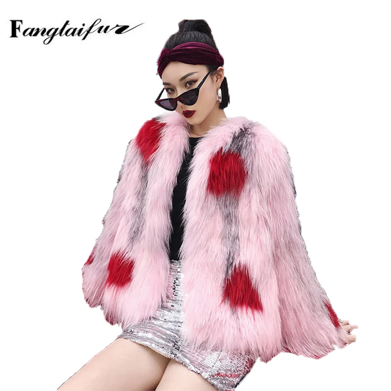 

Ftangaiur Winter Weave Women Import Fox Fur Coat O-Neck Full Sleeve Slim Fox Fur Coats Women's Print Real X-Long Fox Fur Coats