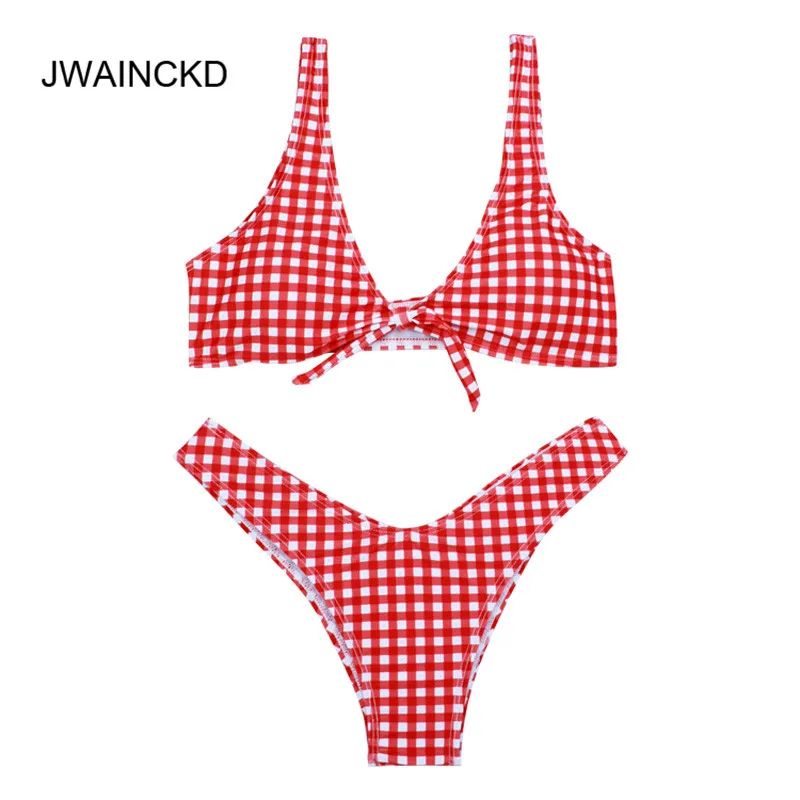 

JWAINCKD 2018 Women New Thong Plaid Front Tie Bikini Set Low Waisted Plaid Plunging Neck Swimsuit Sexy Summer Beach Swimwear