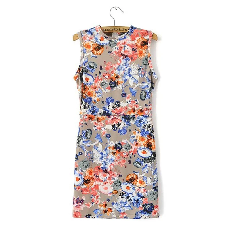2016 Новый Женский Лето Платье Цветами Круглый Шеи Без Рукавов Roupas Jaquetas Femininas