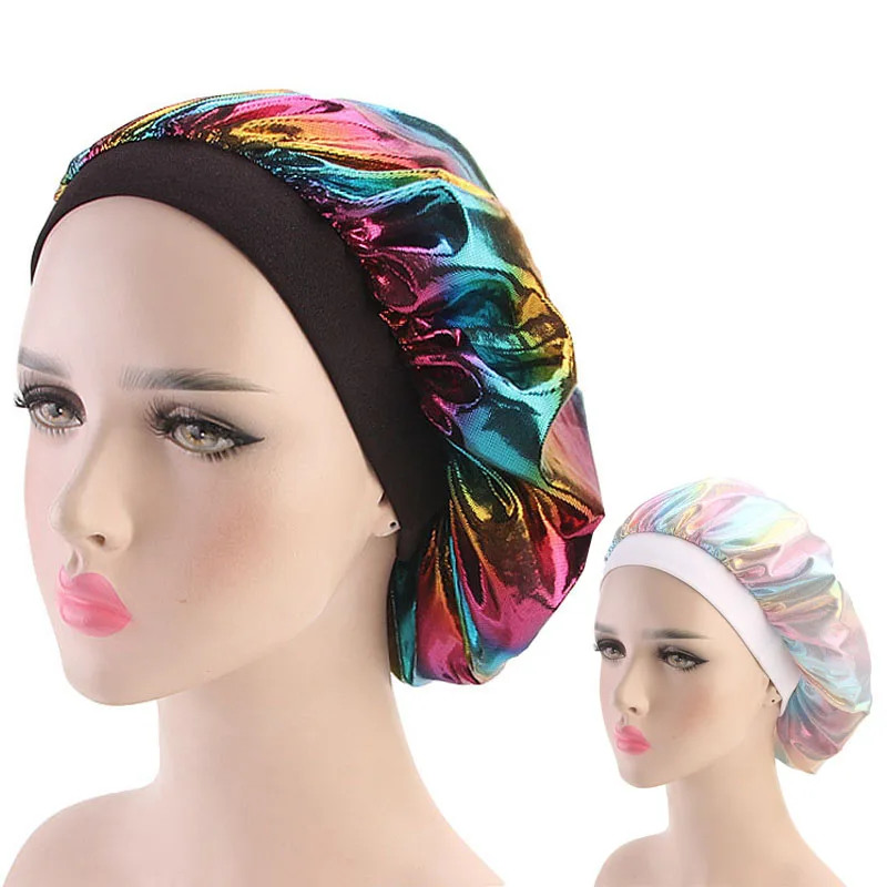 Красочные женские лазерные шелковистые DU-RAG, аксессуары для волос, волнистые шапки, тряпки, широкая полоса, капот, салонная шляпа, тюрбан, дураг ДУ, тряпка, головной убор