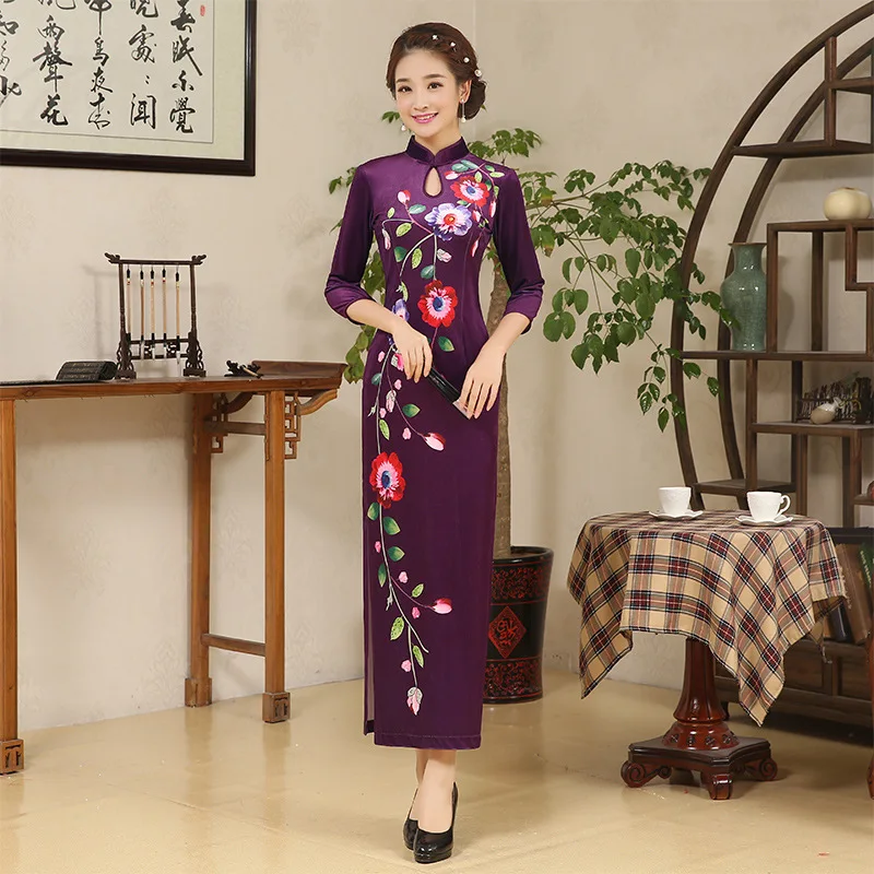 

Velvet Flower Long Cheongsam Women Traditional Dress Women Elegant Long Sleeve Chinese Qipao Dress for Evening Party 16