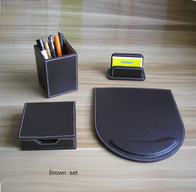 

4PCS /set wooden +PU leather desk office stationery organizer pen pencil holder box note case name card stand desk organizer