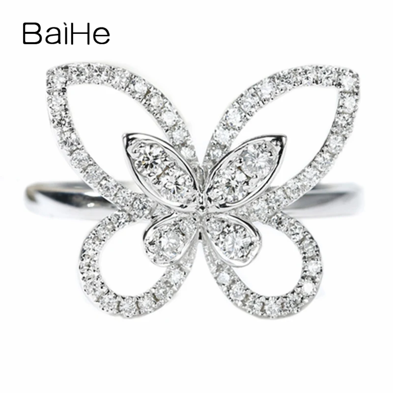 

BAIHE Solid 14K White Gold About 0.41ct H/SI Round Natural Diamonds Wedding Trendy Fine Jewelry Beautiful butterfly diamond Ring