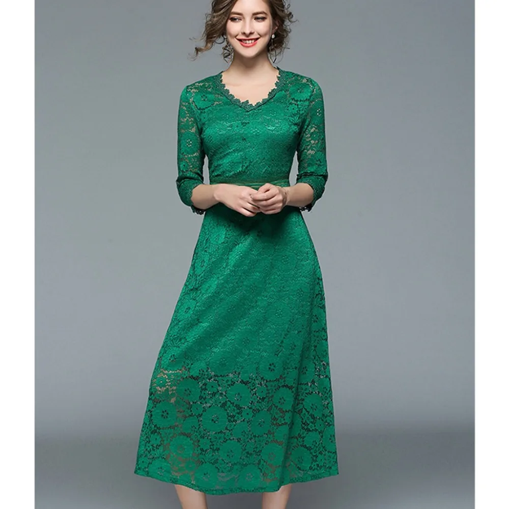Summer Dress 2018 Women Fashion Slim Black Green V Neck Sleeves Lace Hollow Long Dresses vestedido | Женская одежда