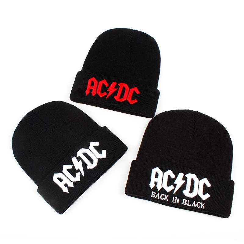Новинка, ACDC черная вязаная шапка с вышитыми буквами, Женская Мужская зимняя шапка, модная теплая вязаная шапка, Лыжная шапка