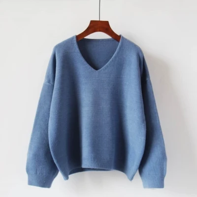 Синий Winter Autumn Loose Pullovers Sweaters Woman Long Sleeve V Neck Solid Soft Warm Thick Bat Sleeved Sweater Oversize - Цвет: Синий