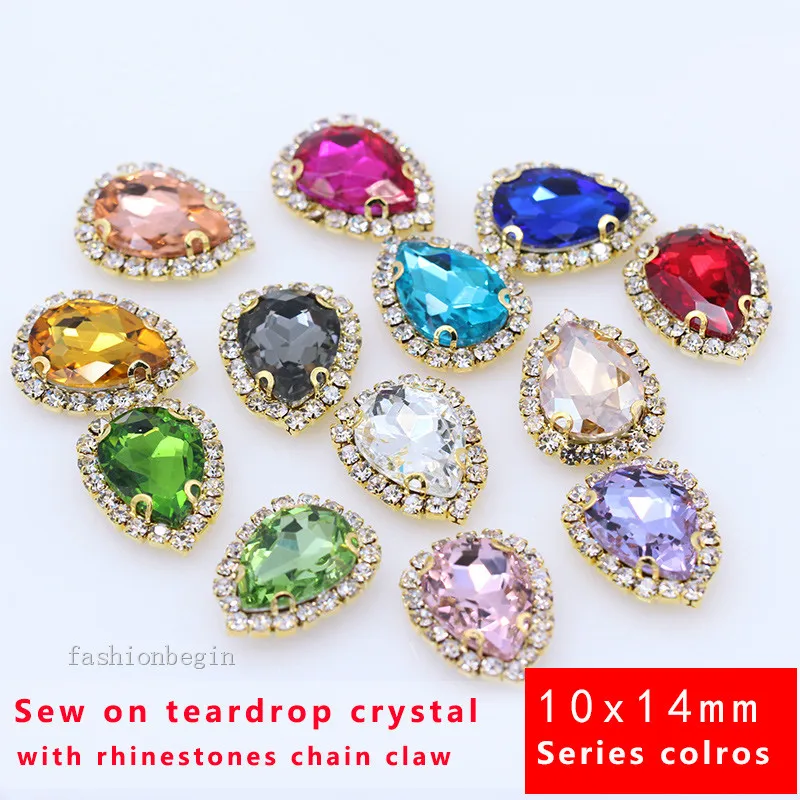 

15p 10x14mm Teardrop crystal glass stone flatback sew on rhinestone Trim jewels Gold claw button DIY Clothing sewing accessories