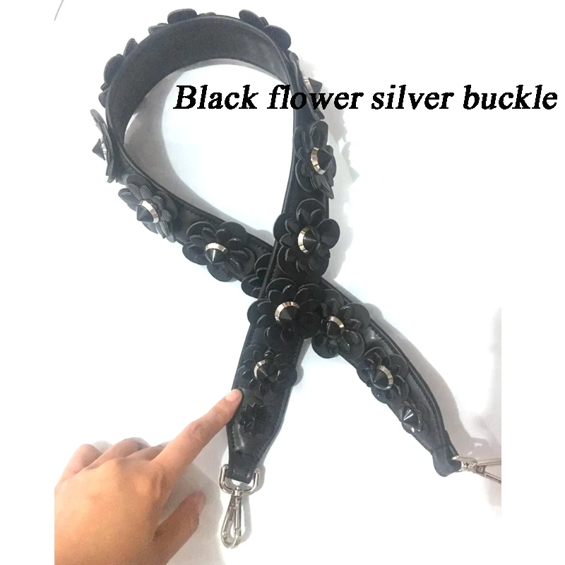 black flower silver Новинка, женские сумки из натуральной кожи, сумка на ремешке, шикарная сумка с заклепками, ремень, цветочный и простой дизайн, легко застёгивающийся M2016 - Цвет: black flower silver