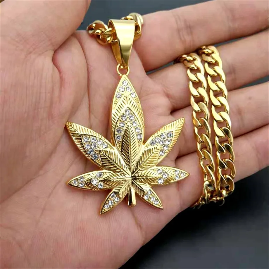 

European Hemp Leaf Pendant Necklaces For Men Gold Color Stainless Steel Rhinestones Necklaces Hippie Jewelry Dropshipping