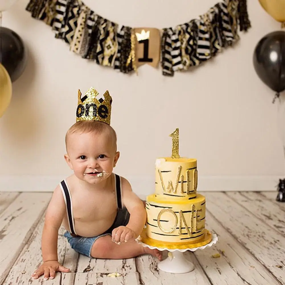 Blue Gold Boy First Birthday Hat Glitter Princess Crown Number 1st 2 3 Year Old Party Baby Shower Decor Headband Kids Gifts