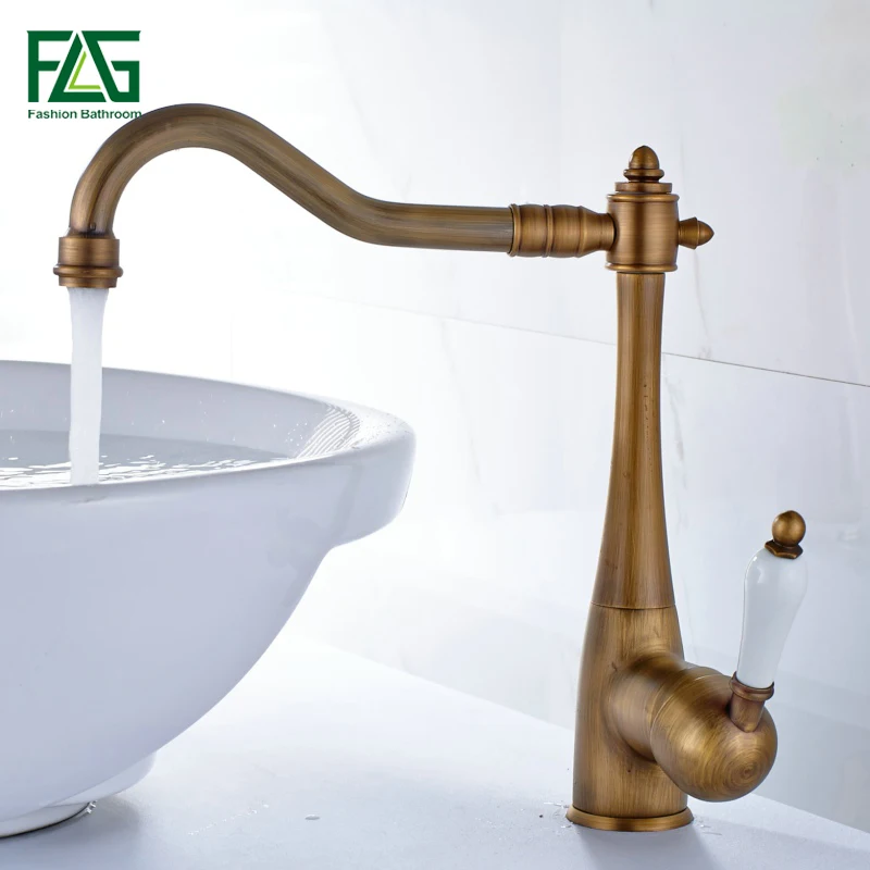 

FLG Basin Faucet Antique Brass Bathroom Basin Sink Faucet Single Lever With Porcelain Long Spout Sink Mixer Free Shipping M262A