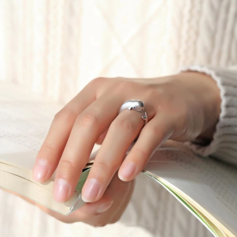 Original Whale Fresh 925 Sterling Silver Temperament Personality Fashion Female Trendy Resizable Opening Rings SRI014 | Украшения и