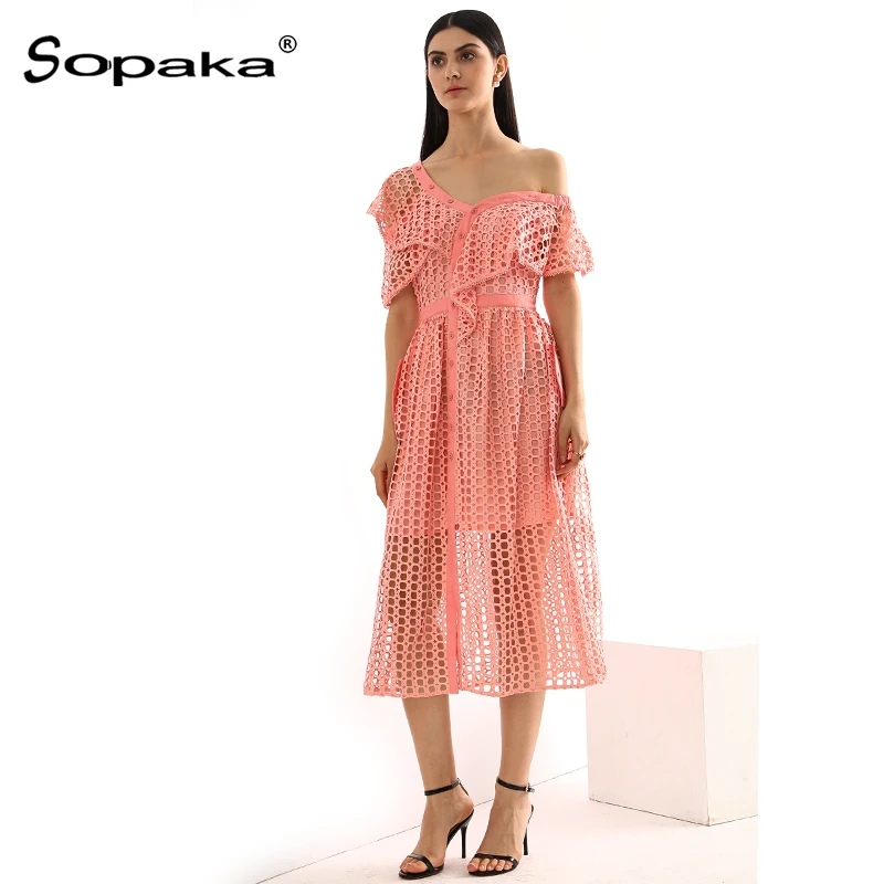 Женское кружевное платье-миди с оборками и одним плечом Повседневное платье