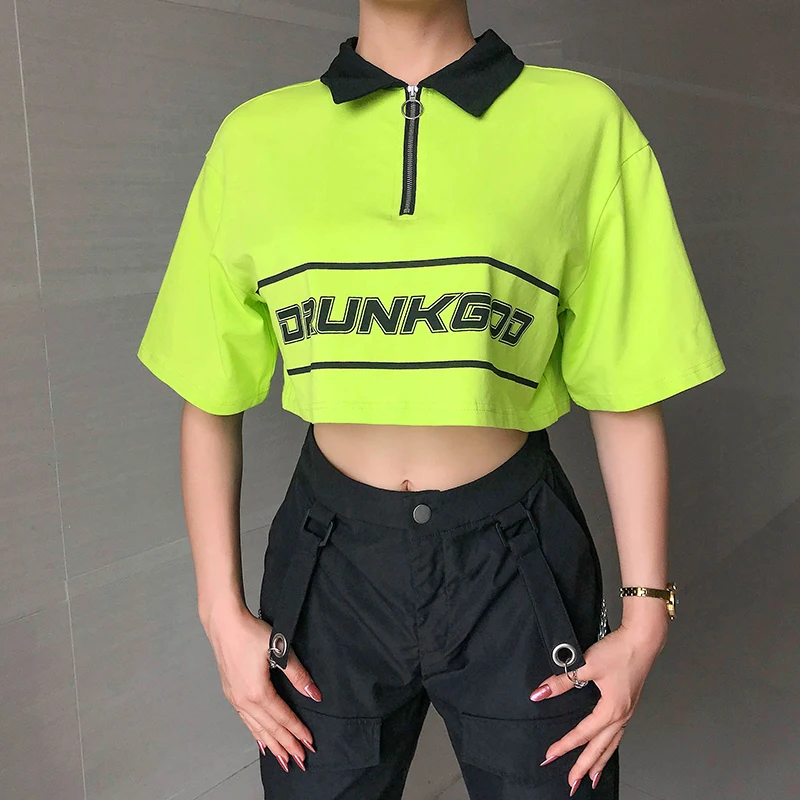 Weekeep Cropped Loose Letter Print t shirt Women Streetwear Turn-down Collar Short Sleeve tshirt Sexy Crop Top Women
