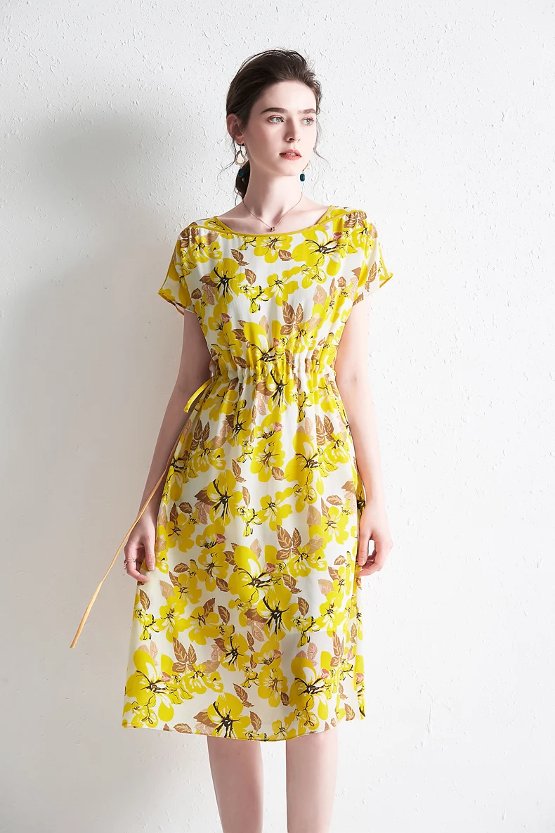 Женские модельные платья 100% шелк модные летние с круглым вырезом короткими