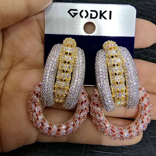 3 Tone Амулеты GODKI, Разноцветные серьги с кубическим цирконием, африканские корейские элегантные женские серьги-гвоздики в ювелирном - Окраска металла: 3 Tone