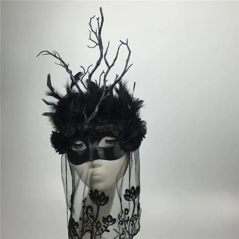 Черная белая цветная маска для девочек с перьями повязка на голову вечеринки