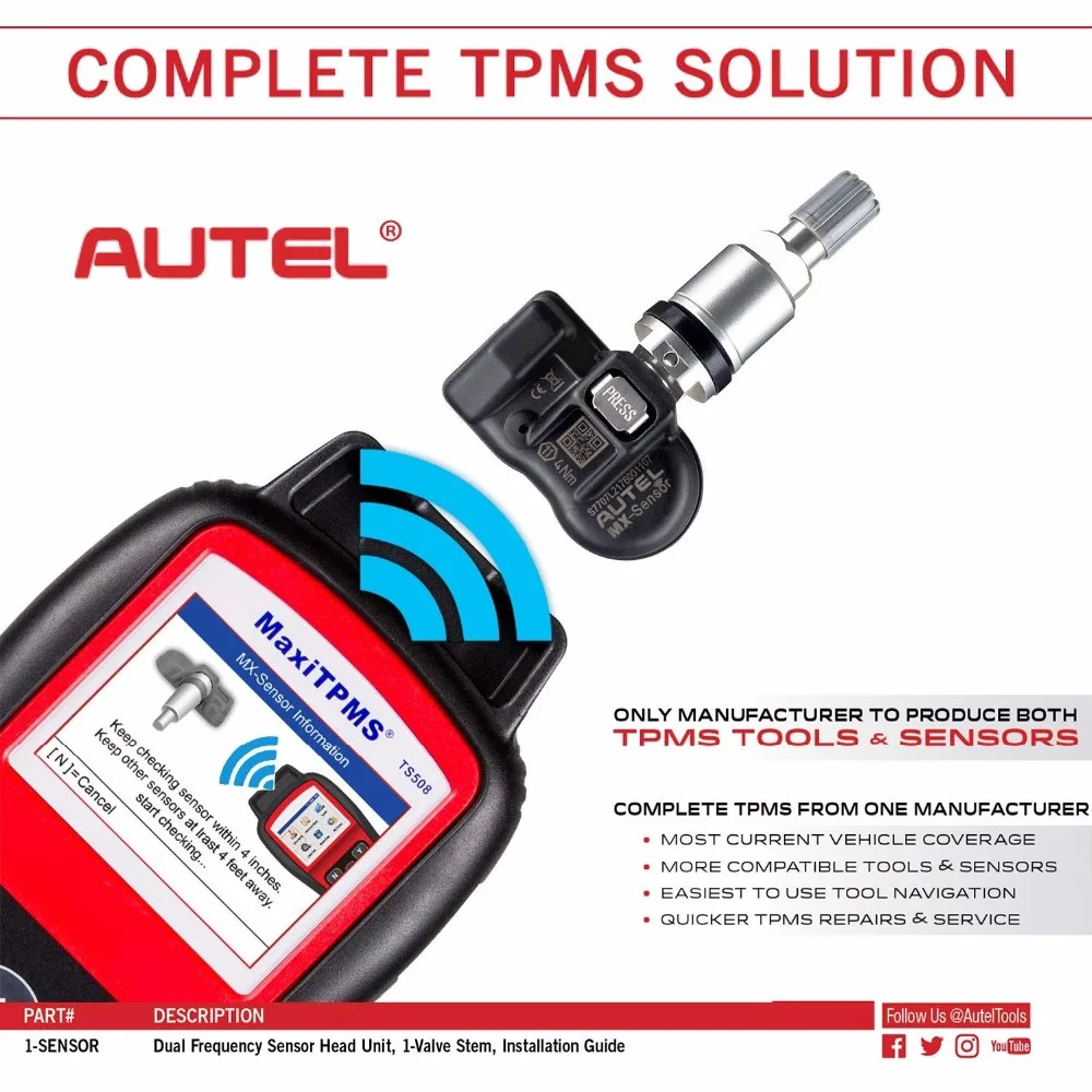 AUTEL MX sensor 2 в 1 315 мГц 433 TPMS Clamp in Dual Frequency 100% Cloneable 5 шт./лот металлический стержень
