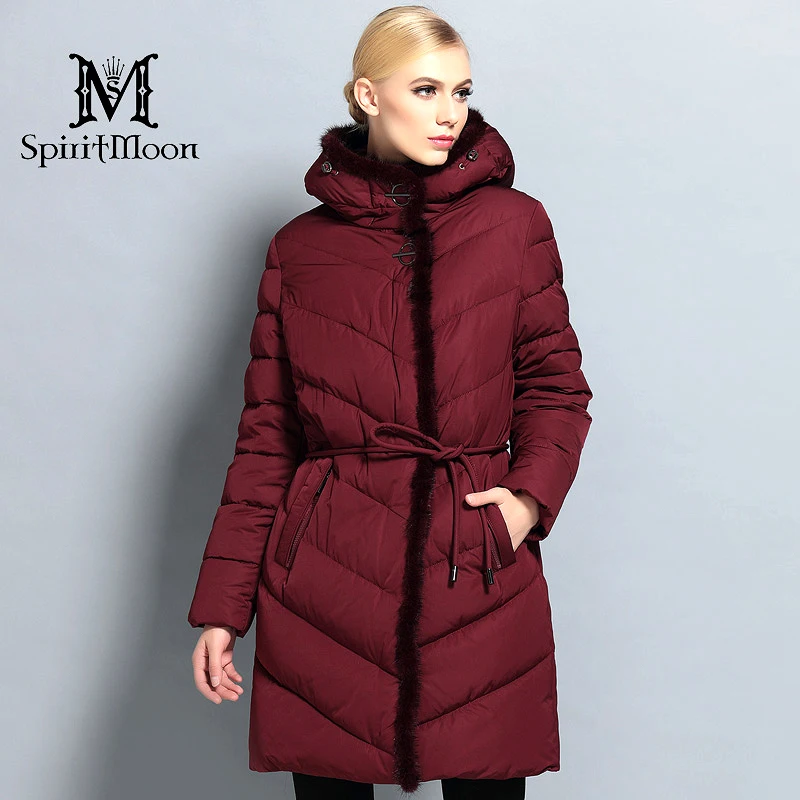 SpiritMoon 2017 Модный Зимний Женский Пуховик с Капюшоном Стильнее Зимнее Пальто для