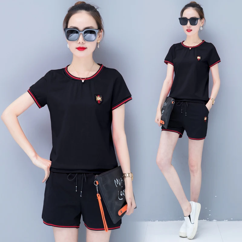 2019 Новый женский спортивный костюм летний с коротким рукавом шорты хлопок мода
