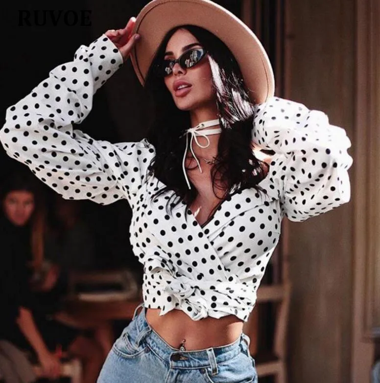 

Новая блузка в горошек с принтом, Женская модная офисная рубашка с V-образным вырезом и длинным рукавом, осенние и весенние свободные топы, ж...