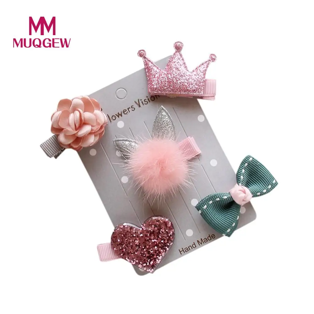 MUQGEW 5Pcs Kids Infant Hairpin Baby Girl Bow Flower Barrettes Star Hair Clip Set Fabric hairpins solid pink New #EW | Мать и ребенок