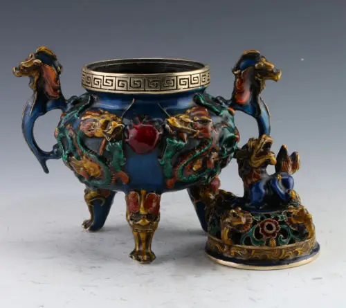 Редкие Cloisonne ручной работы Дракон благовония горелки и Foo крышка собаки w Xuande