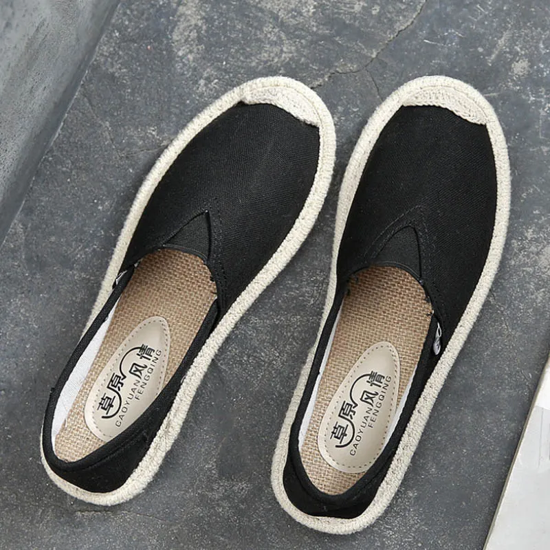 summer women's flat shoes breathable graffiti canvas linen women espadrilles non-slip casual white sneakers ballet flats - Цвет: black