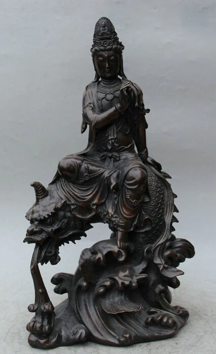 

25 см китайский, буддийский из бронзы Кван-Инь Гуань Инь богиня езды на драконе Статуэтка рыбы