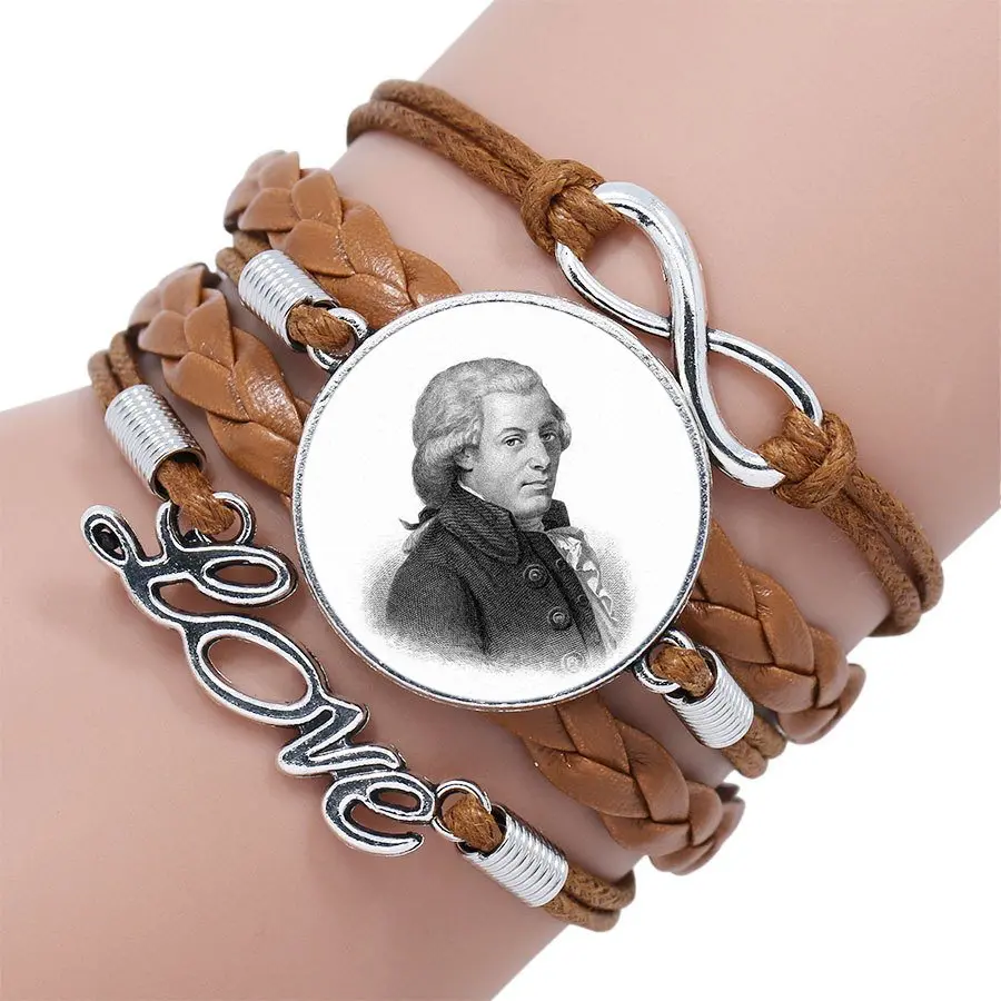 as picture Вольфганг Mozart Композитор для школьниц Макси Панк ювелирные изделия со стеклом кабошон Многослойный черный/коричневый кожаный браслет - Окраска металла: as picture