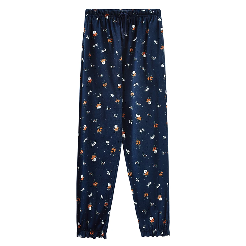Navy blue Женские Пижамные брюки THREEGUN, хлопок, для сна, дышащие, свободные, с оборками, для женщин, с принтом, с эластичной талией, домашние штаны - Цвет: Navy blue
