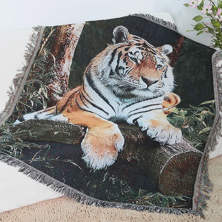 Drop Shipping Tiger Cotton Knitted Tassels Sofa Cover Blanket Thread Couch Blanket Rugs Soft Bed Plaids Home Decor Tapestry