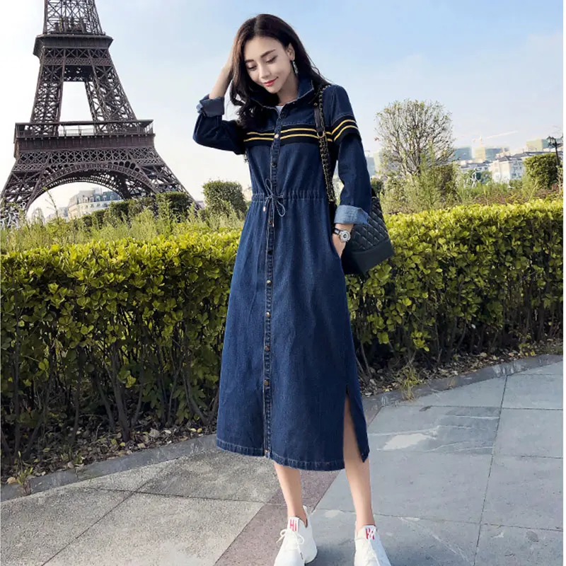 Весенняя женская мода платье из джинсовой ткани 2019 с лацканами тонкая джинсовая