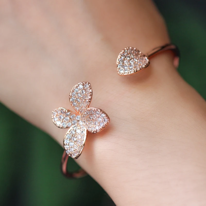 ThreeGraces Luxury Brand Design Zirconia Full Pave Setting Big Leaf Flower Shape Open Hand Cuff Bangle For Women Accessor BA024|Браслеты| |