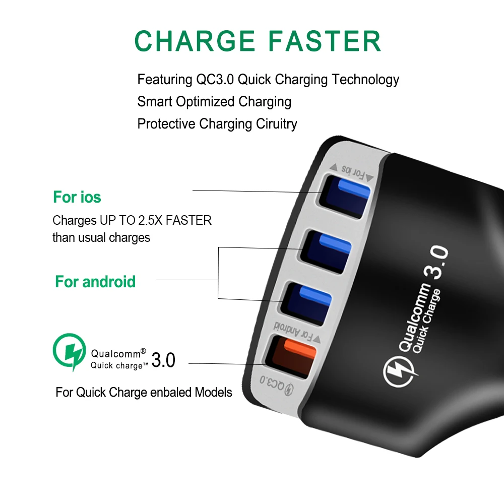Быстрая зарядка 4 USB 3,0 Автомобильное зарядное устройство адаптер QC3.0 Быстрая зарядка кабель для мобильного телефона для iPhone Xiaomi mi 8 9 SE 9T красный mi 6 6A 7 7A