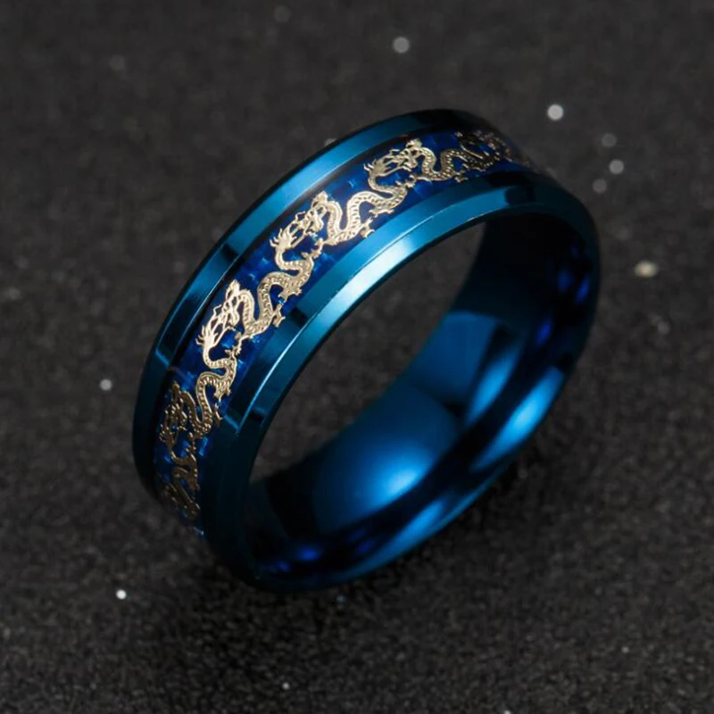 Hot Sell Vintage Chinese Dragon Black Gold Blue Plated Ring Jewelry Wholesale Direct Sales Men Stainless Steel Rings For Women | Украшения