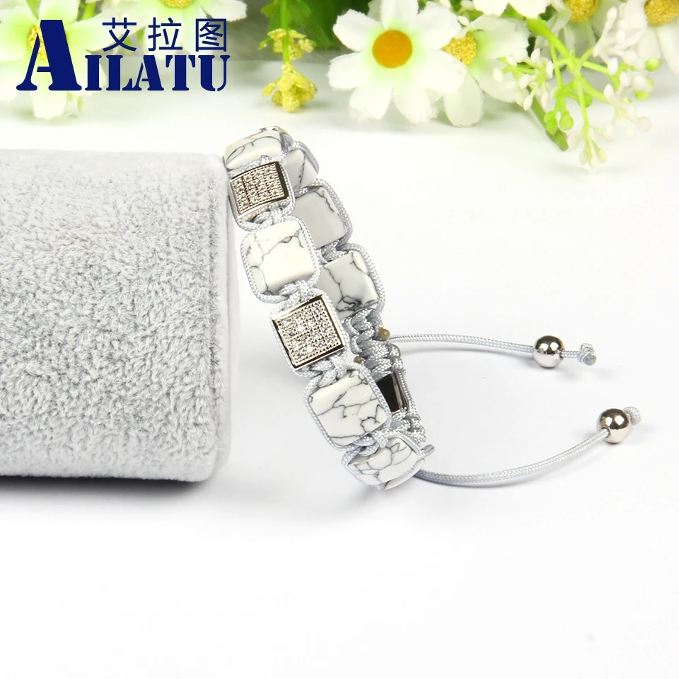 Ailatu мужской браслет 10x10 мм микс Цвет Белый Howlite плоские Каменные Бусы макраме