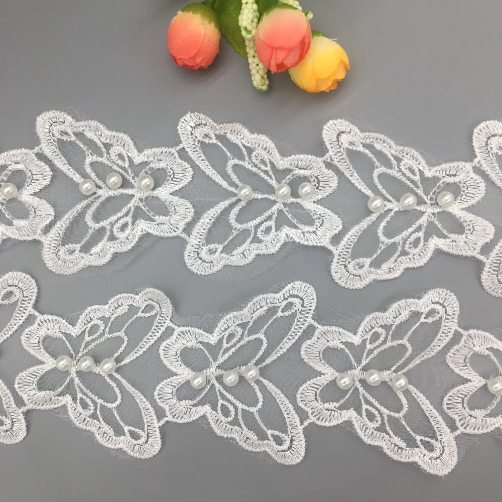 1 ярд Бабочка жемчуг фотоотделка ленты ткань вышитая применяется кружевная