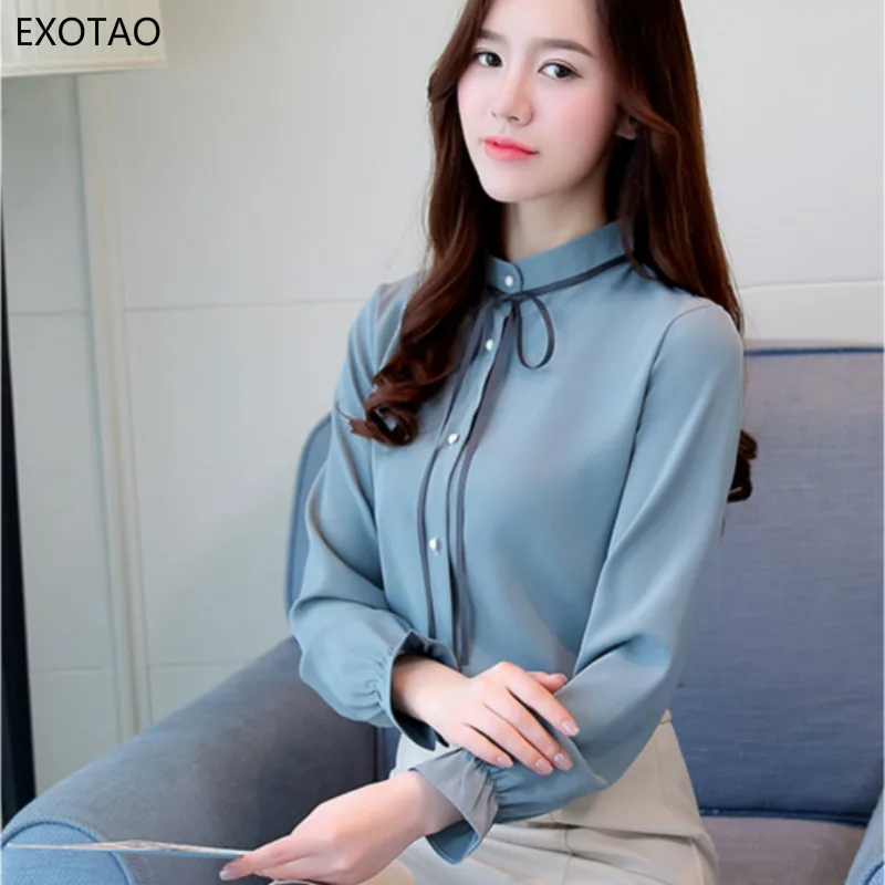EXOTAO ретро для женщин шифоновая рубашка Стенд воротник жемчуг пуговицы Blusa Feminina