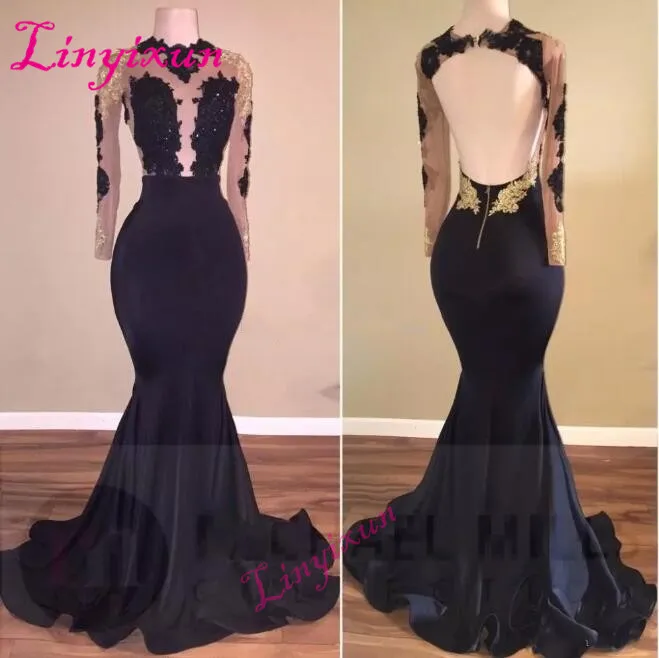 

2018 Arabic Mermaid Prom Dresses Long Sleeve Jewel Hollow Back Sweep Train Gold Appliques Illusion Bodice Long Evening Dresses