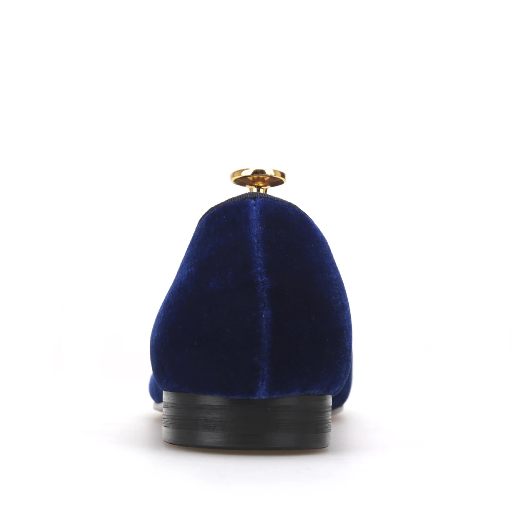 Мужские бархатные туфли ручной работы темно-синие модные мокасины с бантом для