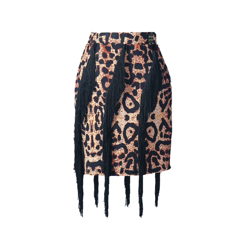 Leopard Костюмы для латинских танцев юбка с бахромой Юбки леопарда для женщин Salsa ча танцы костюмы выступления Практика одежда дамы DNV10862 - Цвет: Leopard