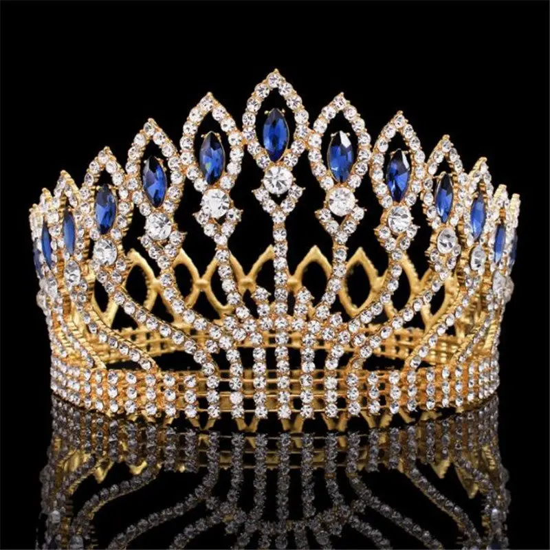 Gold Blue Барокко Диадема горный хрусталь королева король диадема невесты корона ювелирные изделия головной убор свадебные диадемы и короны аксессуары для волос - Окраска металла: Gold Blue