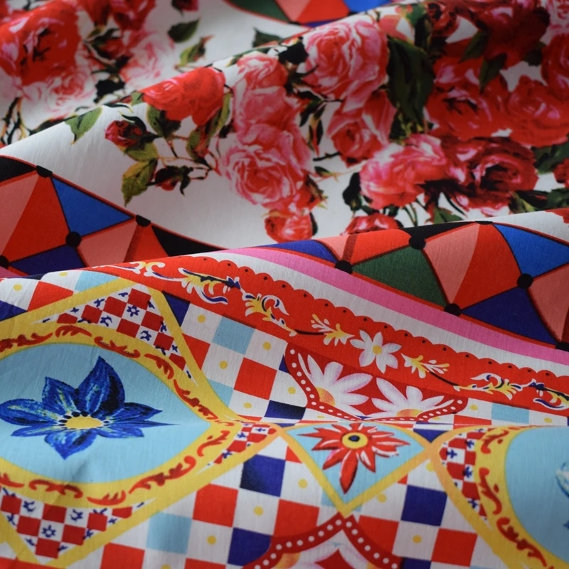 Ткань из чистого хлопка с красным геометрическим принтом Для платья ткани